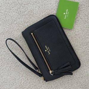 Kate Spade Pebble Black Leather Wristlet with Tassel